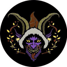 a purple demon with horns and a tongue sticking out is in a circle .