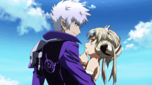 a couple of anime characters standing next to each other with one having a purple jacket on