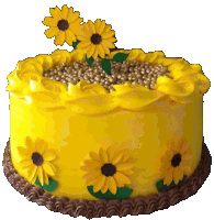 a yellow cake with chocolate frosting and yellow flowers on top