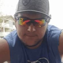 a man wearing sunglasses and a hat has a blue shirt on