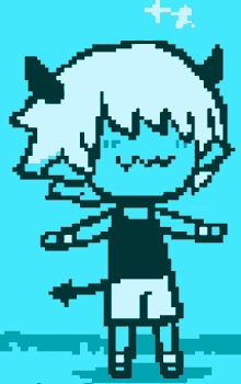 a pixel art drawing of a girl with horns and white hair