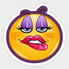 a yellow smiley face with purple eyes and pink lips .