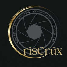 a black and gold logo for riscrux with a camera lens