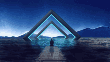 a man sits on a dock in front of a blue triangle in the clouds