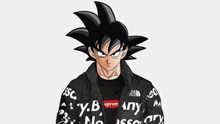 goku from dragon ball z is wearing a black jacket with the word supreme on it