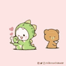 a cartoon of a bear wearing a dinosaur costume and holding a baby .