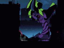 a purple and green robot with a gun on its back