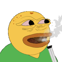 a cartoon drawing of a yellow frog with a green shirt smoking a bong