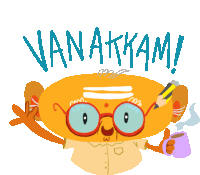 a cartoon character holding a cup of coffee and a pencil with the words vanakkam above him