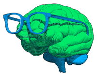 a drawing of a green brain with blue glasses on