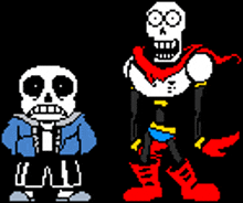 a pixel art of sans and papyrus standing next to each other on a black background