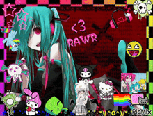 a picture of a girl with headphones and the words rawr in pink