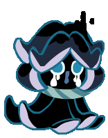 a pixel art of a black and purple cookie with blue eyes and tears coming out of its eyes .