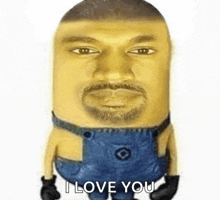 a man with a beard and overalls is a minion with a face and says `` i love you '' .