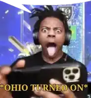 a man wearing headphones is playing a video game with the words ohio turned on behind him .
