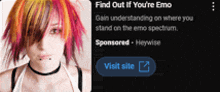 a picture of a girl with colorful hair and a visit site button