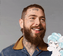 a man with a beard has a tattoo on his forehead that says ' pop '
