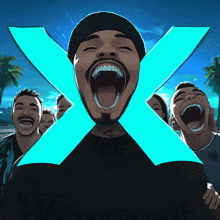 a group of people laughing with a blue x in the background