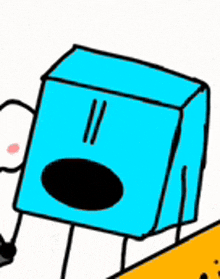 a cartoon drawing of a blue box with arms and legs and a surprised face .