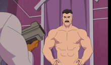 a cartoon of a shirtless man with a mustache standing in front of a purple curtain
