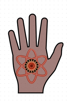 a drawing of a hand with an atom in the middle of it