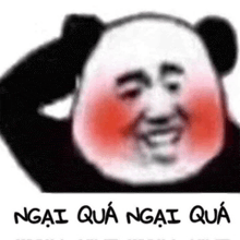 a panda bear with a red blush on its cheeks is smiling .