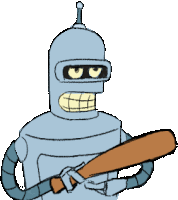 bender from futurama is holding a bat in his hand