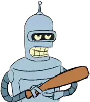 bender from futurama is holding a bat in his hand