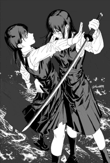 a black and white drawing of two girls holding swords with the letters a and b on the bottom left