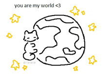 a drawing of a cat sleeping on top of a globe with the words `` you are my world < 3 '' written above it .