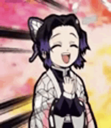 a cartoon of a girl with purple hair and a cat ear is smiling .