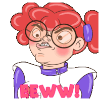 a cartoon drawing of a woman with glasses and the word beww