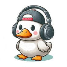 a cartoon duck is wearing headphones and a hat .