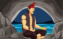 a man is sitting in a cave meditating in front of a body of water .