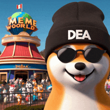 a dog wearing a beanie that says dea