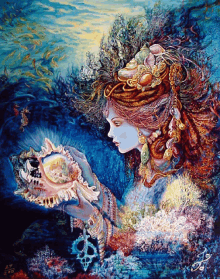 a colorful painting of a woman holding a seashell with the year 2003 on the bottom