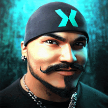 a man with a beard and mustache is wearing a hat with a blue x on it