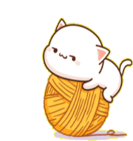 a cartoon cat is playing with a ball of yellow yarn