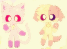 a pink cat and a yellow dog are standing next to each other .