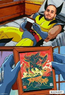 a cartoon of wolverine reading a book next to a picture of a book