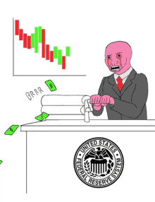 a cartoon of a man behind a desk with the united states federal reserve system seal