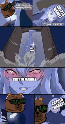 a cartoon of a woman and a bear with the words crypto market written on the bottom