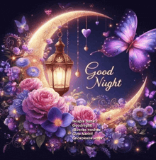 a picture of a crescent moon with flowers and butterflies and the words good night