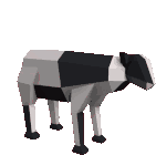 a black and white cow made of triangles is standing on its hind legs .