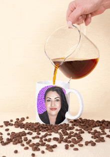 a woman pours coffee into a mug with a picture of her on it