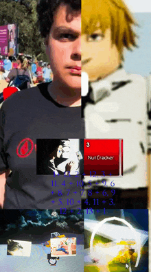 a man wearing a nutcracker shirt stands in front of a screen