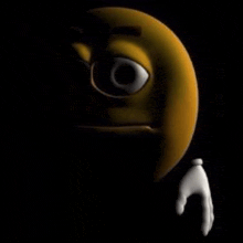 a cartoon smiley face with a hand sticking out of it is standing in the dark .