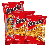 three bags of smoki snacks are stacked on top of each other on a white background