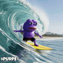 a purple frog is riding a wave on a surfboard with the word purpe below it