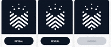three icons with the words reveal and loading written on them